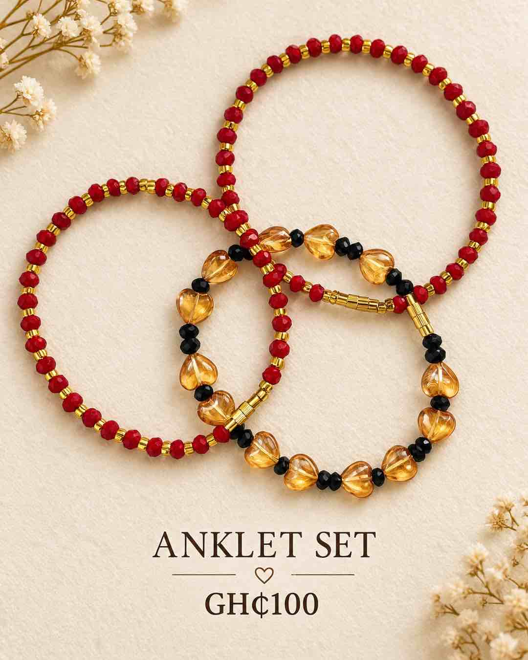 Red, Gold, and Black Beaded Anklet Set with Heart Charm